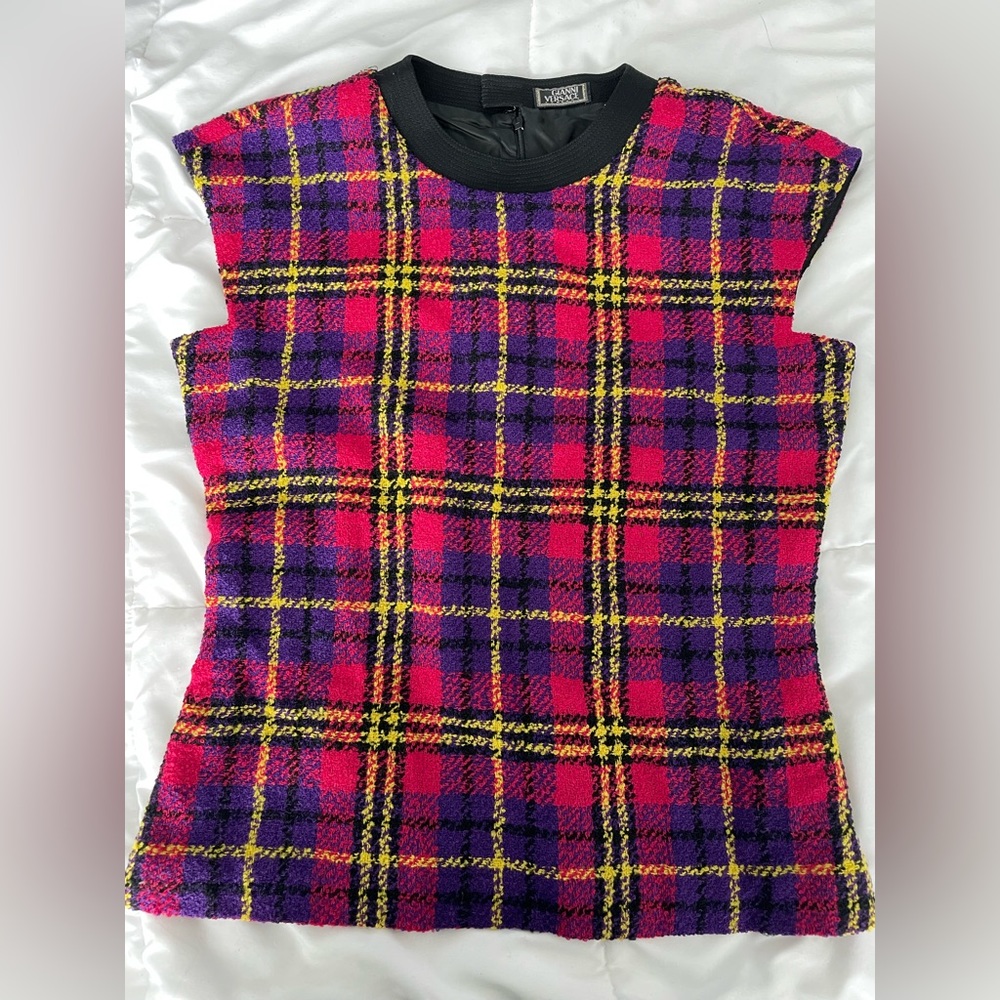 Gianni Versace 1991 Plaid Short Sleeve Silk Top